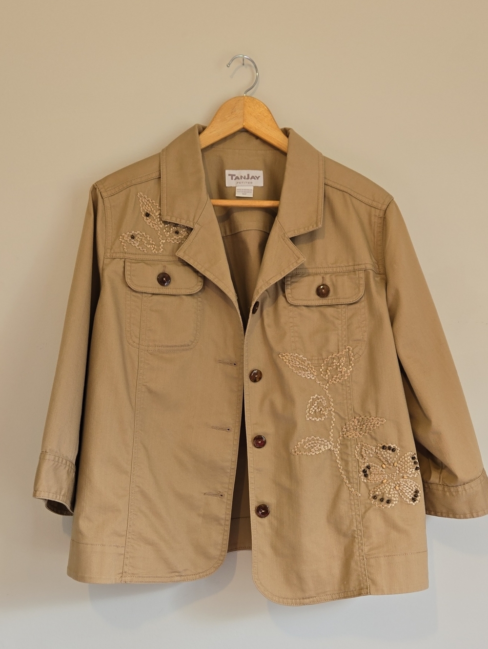 TanJay Women's Tan Embroidered Crop Sleeve Utility Jacket - Khaki/Tan 16 Petite